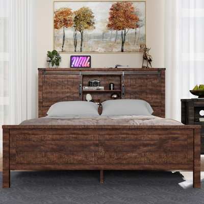 Farmhouse Bed Frame With Charging Station And Storage Cabinets