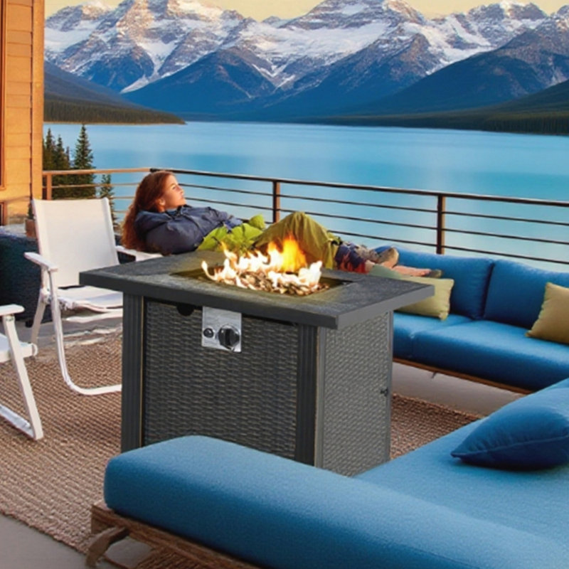 Outdoor Propane Gas Fire Pit Table with Auto-Ignition, Wicker-Effect Design, and Ceramic Top for Patio Use
