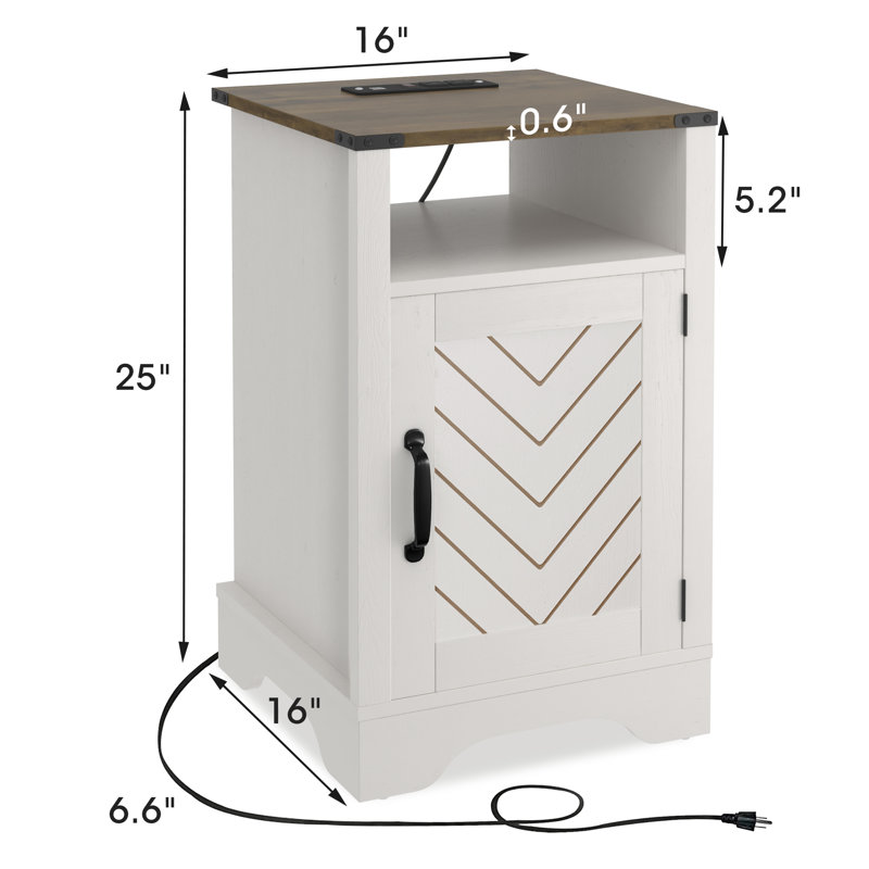 Bradford Farmhouse Nightstand Side Table with Electrical Outlets Charging Station, Off White/Brown, 2