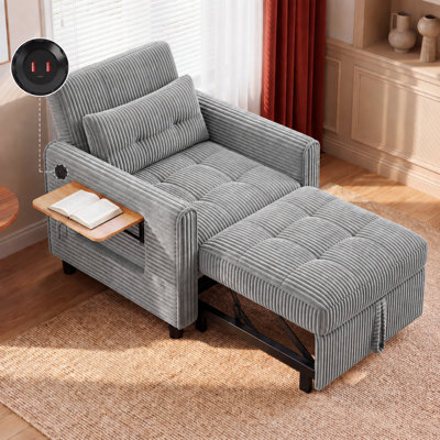 3-in-1 Convertible Upholstered Accent Chair with USB Charging Port and Side Table, Corduroy Armchair for Living Room and Bedroom