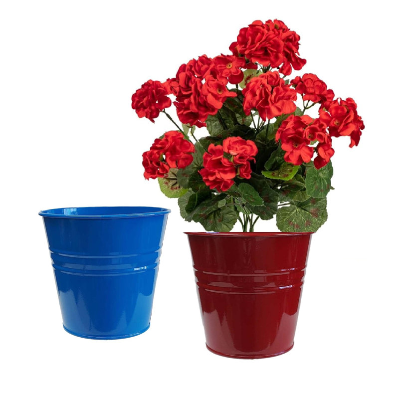 Enameled Galvanized Steel Planter For 6.5" Plants. Set Of Two, Blue/Red