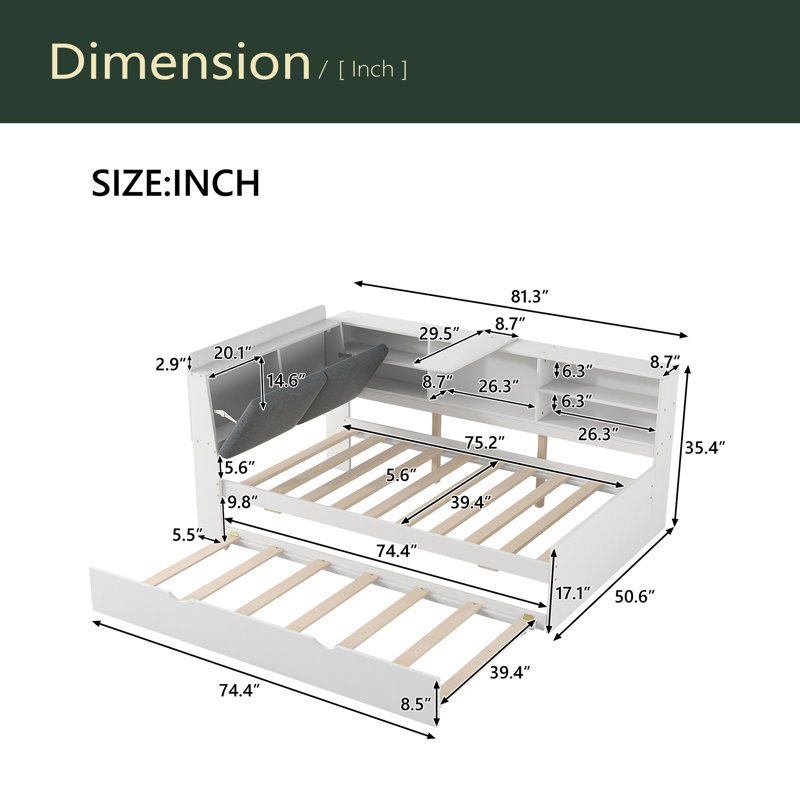 Lit plateforme, tablettes et tête de lit en bois, Blanc / Gris, Lit simple