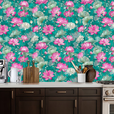 Peel and Stick Wallpaper Floral Botanical Pink Lotus Flowers White Foliage Contact Paper Removable Self Adhesive Wall Mural Wall Decor for Bedroom Kitchen Cabinets 24in x 118in