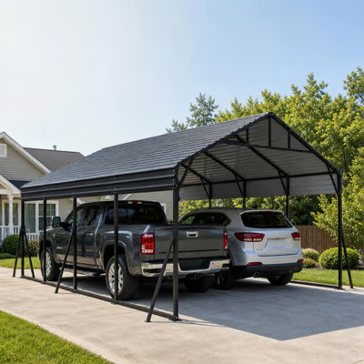 Abri d'auto 20 po x 20 pi pour le stationnement de véhicules, abri en tôle d'acier robuste avec lumière solaire télécommandée, auvent résistant aux intempéries pour voiture, véhicule utilitaire et bateau-bateau, gris foncé