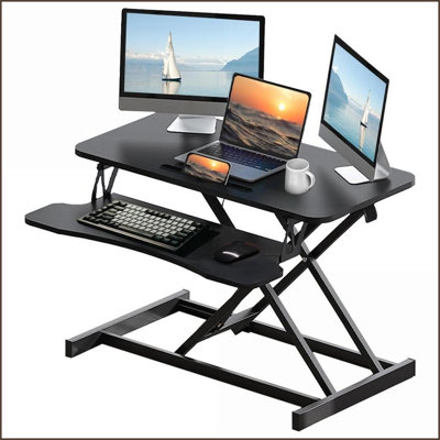 Convertisseur de bureau, hauteur réglable pour s'asseoir et se lever avec un large plateau à clavier, poste de travail double moniteur / ordinateur portable pour la rentrée scolaire (31,5 po x 15,7 po) | Noir | Bois aggloméré + métal