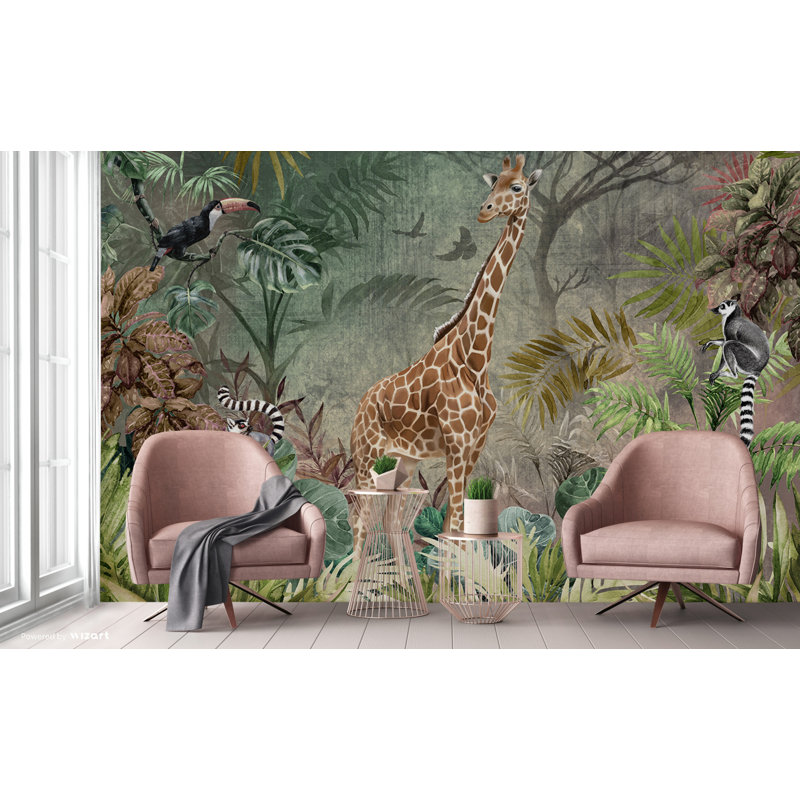 Murale de papier peint Enchanting Safari Giraffe And Lemurs, L 1416 po x l 131 po, Vert