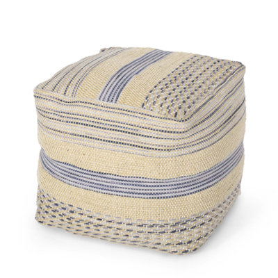 Western Handcrafted Fabric Pouf, Durable Hemp And Wool Blend, 16X16 Inches, Perfect For Seating And Decor
