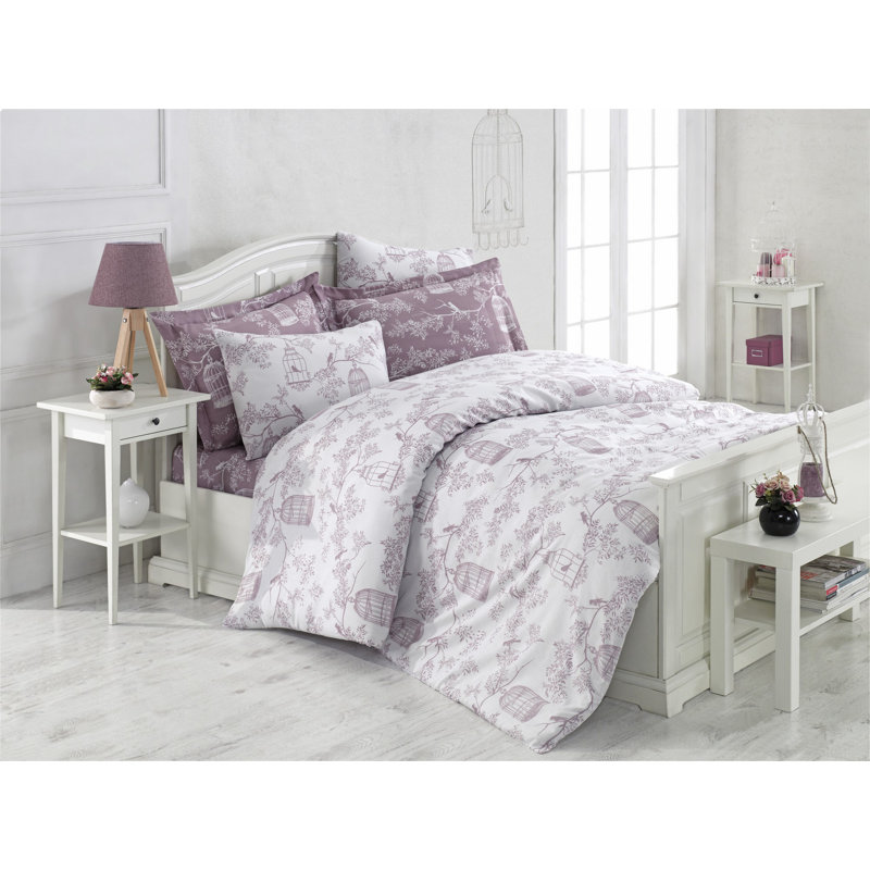 Ensemble de housse de couette 3 pièces en mélange de coton lilas / blanc Estiben