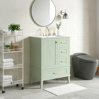 Meuble-lavabo autoportant moderne de 24,8 po avec lavabo en céramique, porte à fermeture en douceur, tiroirs à plusieurs niveaux pour un rangement peu encombrant