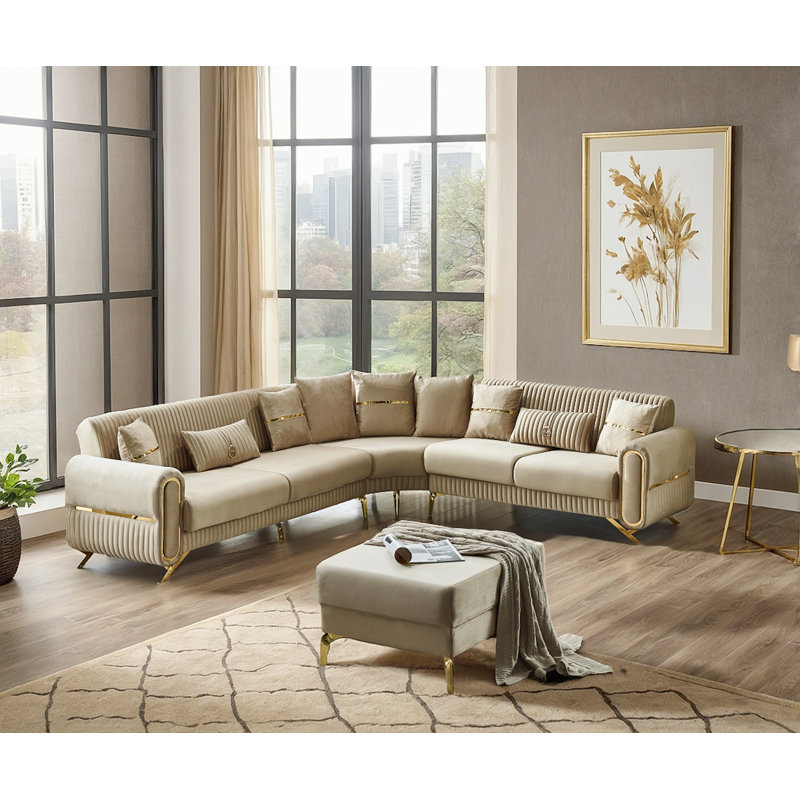 Devlynn Velvet L-Shaped Sectional Reversible, Beige Velvet, Gold