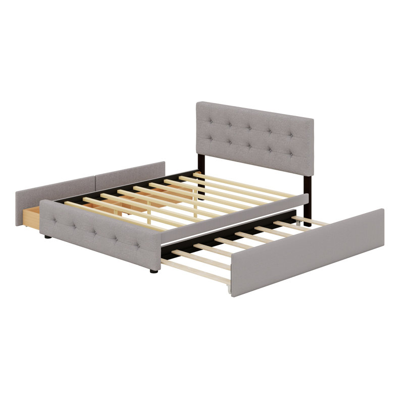 Lit plateforme tapissier avec 2 tiroirs et lit gigogne, Gris clair