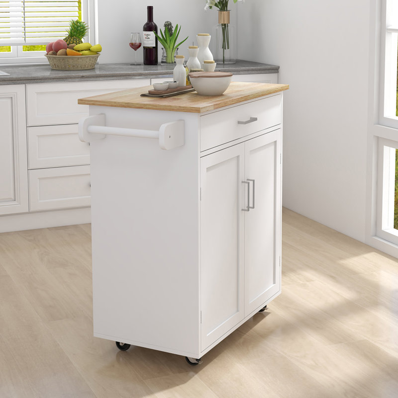 Kitchen Island With Adjustable Shelves, Drawer, Towel Rack & Stable Construction White Lockable , Double Doors, Solid Rubber Wood Top
