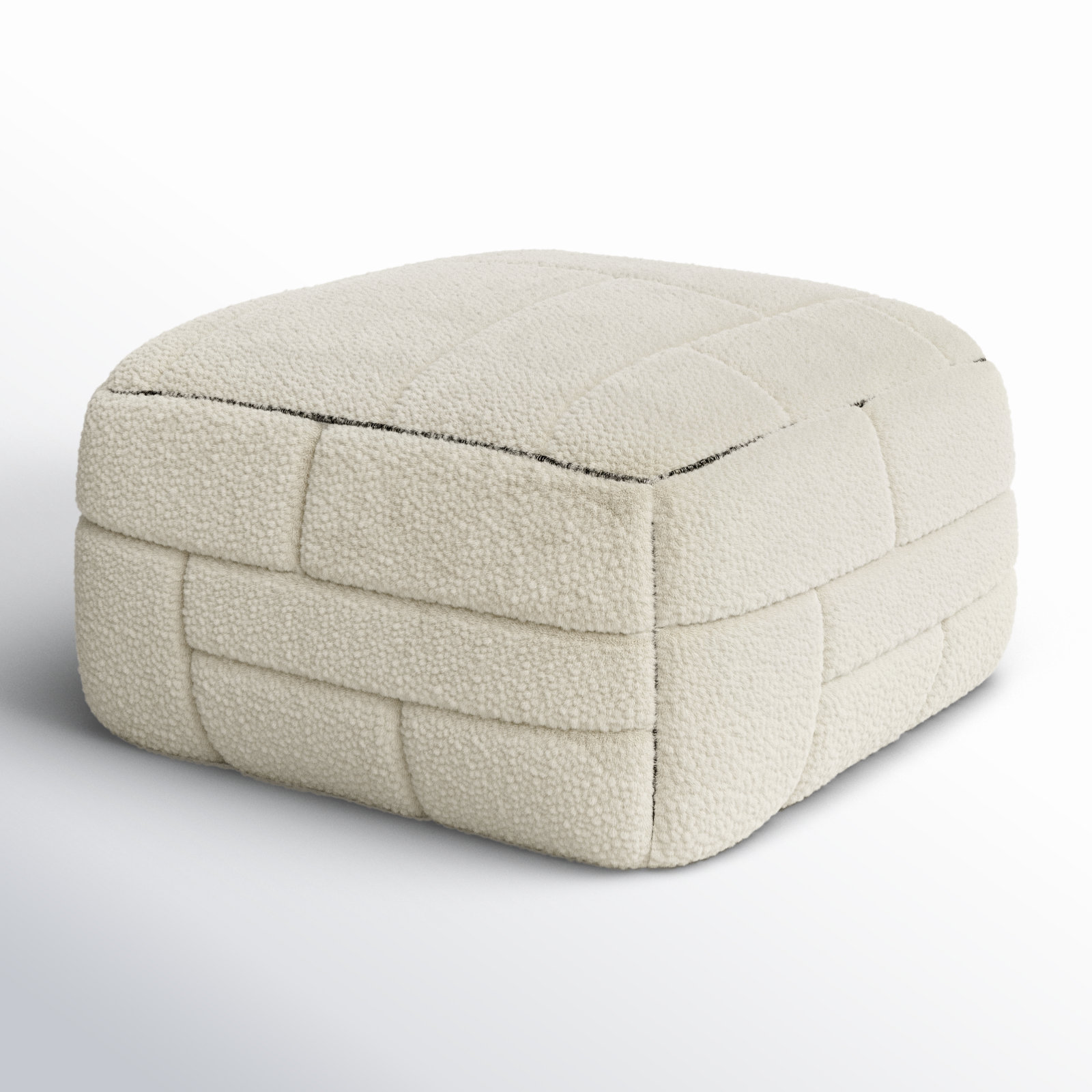 Tuberose Upholstered Pouf, Off White Wool/Polyester Blend