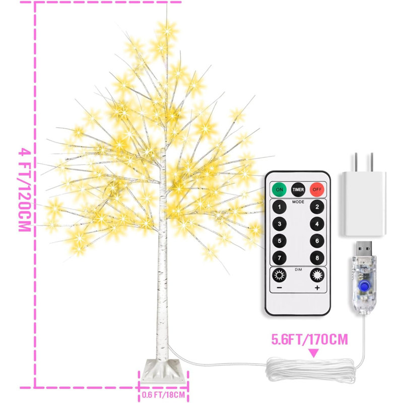 4FT LED Birch Tree With 96 Lights Warm White LED Lighted Birch Tree With 8 Flashing Modes&Timer Dimmable LED Trees For Home Decor Party Wedding Christmas Season Decor.