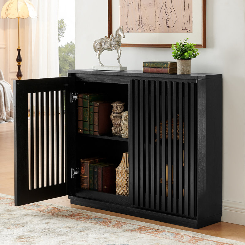 Mid Century Modern Fluted Hollowed Out Sideboard Cabinet With 2 Outlet Holes, Buffet Cabinet With Storage, Black