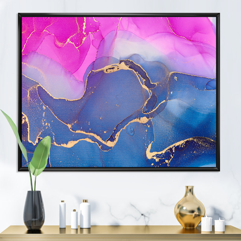 «Pink Luxury Abstract Fluid», peinture sur toile, Cadre flottant noir, H 24 po x l 32 po x P 1 po