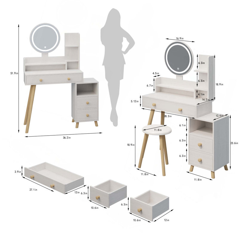 Table de chevet ronde avec miroir + tabouret rembourré avec 2 prises de courant et 2 prises USB, miroir DEL de 17 po de diamètre, commande tactile, 3 couleurs, luminosité réglable, grand bureau, rangement multicouche