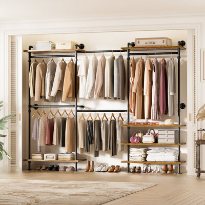 55.5"-103.2"L Shaped/C Shaped Metal Pipe Clothing Rack,Garment Rack With 3 Wood Shelves,Organizer Rack Wall Mounted