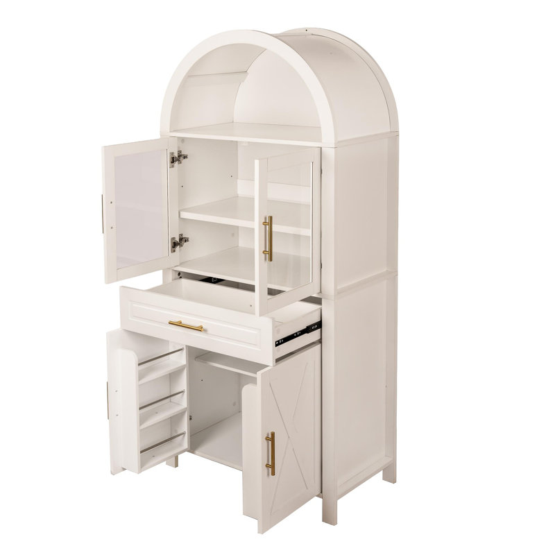 Grand garde-manger arqué avec porte vitrée, garde-manger de style campagnard avec tablettes réglables et porte de grange