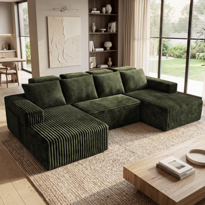 Canapé modulaire en forme de U de 113 po en velours côtelé vert 113 po avec 2 chaises pour le salon