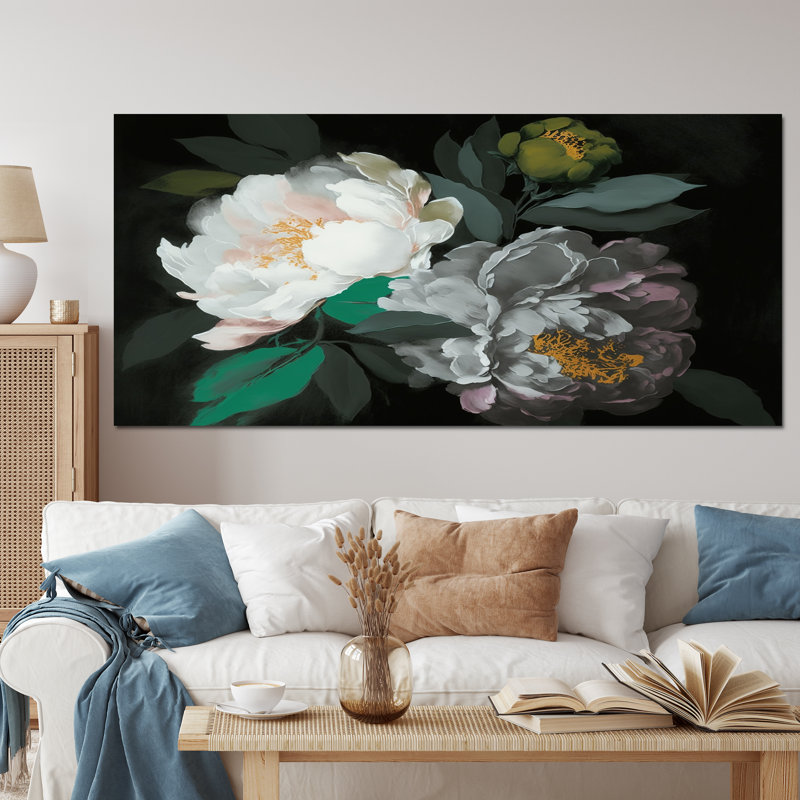 «White Blossoming Peony on Black I», reproduction sur toile, Toile tendue, 28" H x 60" W