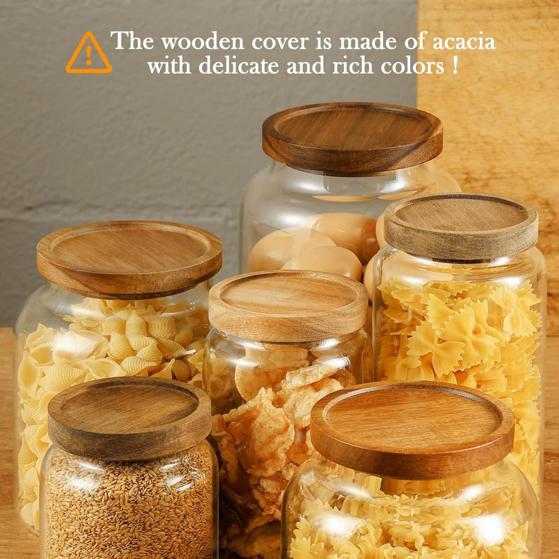 Bocal de rangement en verre de 590 ml avec couvercle en bois, boîte hermétique à grande ouverture