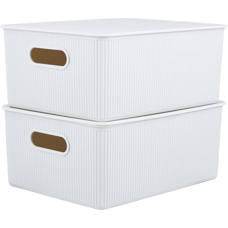 Ensemble de boîtes en plastique nervuré, 2, Blanc cassé