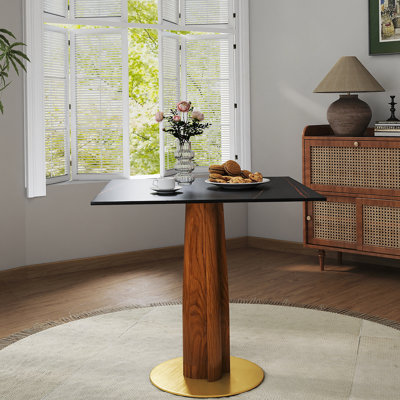 Table de salle à manger moderne carrée, table en pierre frittée de 33,5 po avec pieds en bois et base dorée, table de cuisine pour 2 personnes pour petit espace, capacité de poids de 150 lb (seulement la table de Négociation)