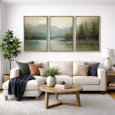Abstract Landscape "Earthy Neutral Green Woodland Artwork, Serene Nature Lake Decor Wall Pictures, Framed Canvas Giclée Print 3 Pieces Wall Art"