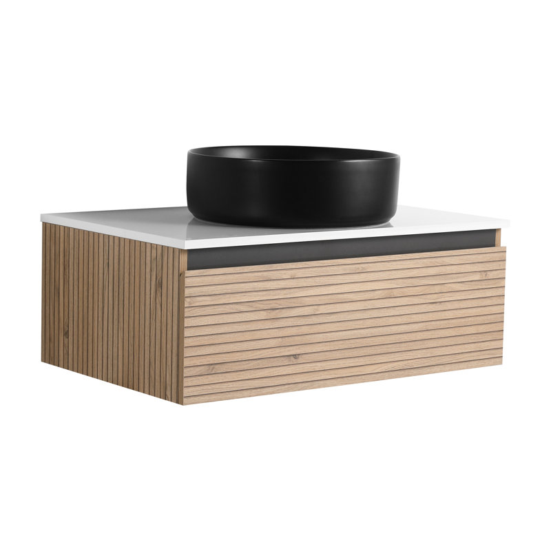 Meuble-lavabo de 76 cm avec lavabo en céramique noire, tiroir à fermeture amortie et motif à rayures estivales pour une salle de bain captivante. Grand espace de rangement.