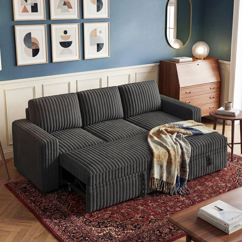 Canapé-lit modulaire en forme de L Hoelscher avec rangement gris, Velours côtelé gris foncé