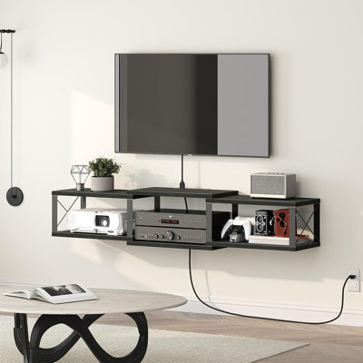 Floating TV Stand With Power Outlet, Wall-Mounted Entertainment Console Center With Storage, Floating TV Shelf For Under TV Storage, For Living Room, Bedroom, Black TVHB101E01