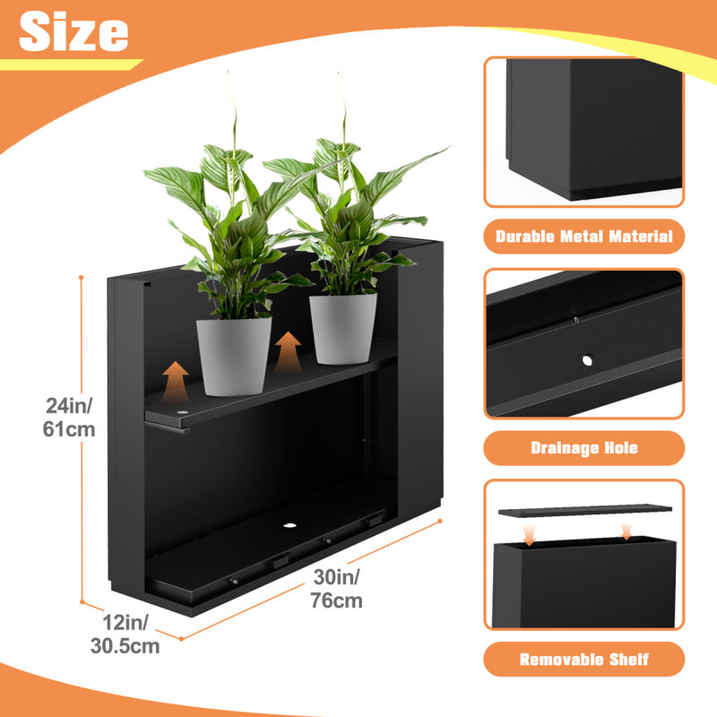 Large Rectangular Planter - Metal Rectangular Planter Box with Drainage Holes for Indoor and Outdoor Use, Black