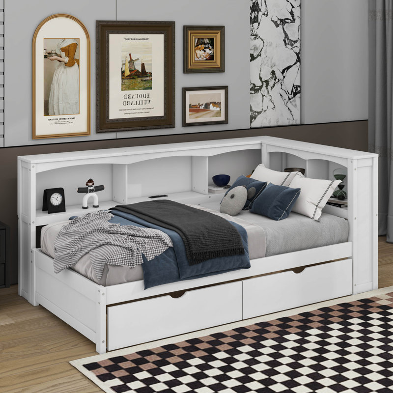 Lit de jour simple avec 2 tiroirs de rangement et ports USB, Blanc