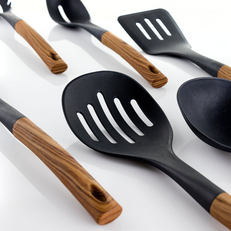 MegaChef Black Nylon 7-Piece Cooking Utensil Set with Wood Design