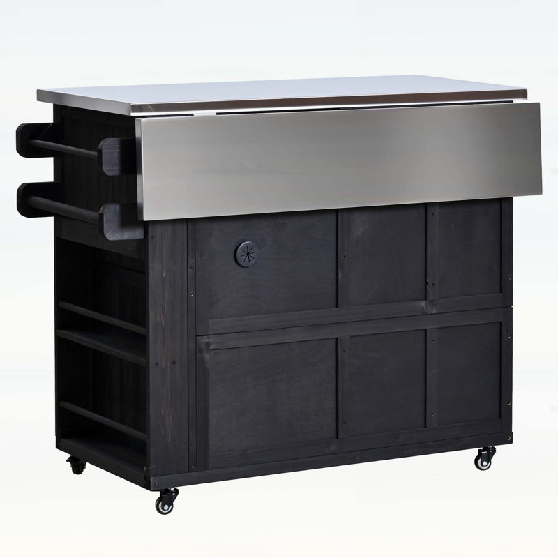 Outdoor Extendable Kitchen Island,Stainless Steel Top with Spice Rack and Storage, Black