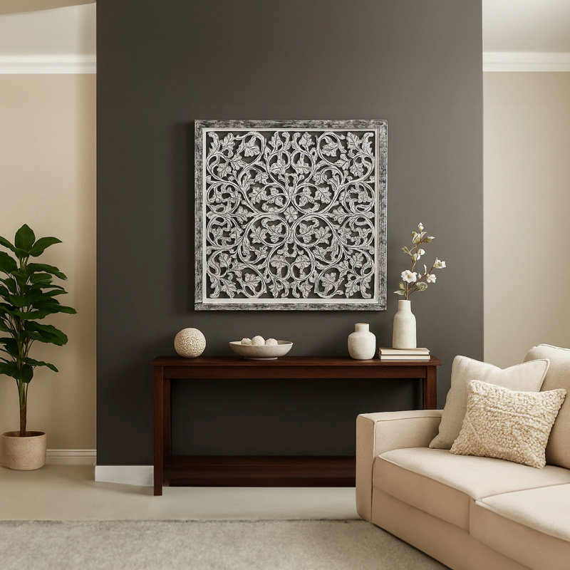 Décoration murale en bois de manguier sculpté Isaly | Carré 36 pouces noir et blanc vieilli à la main