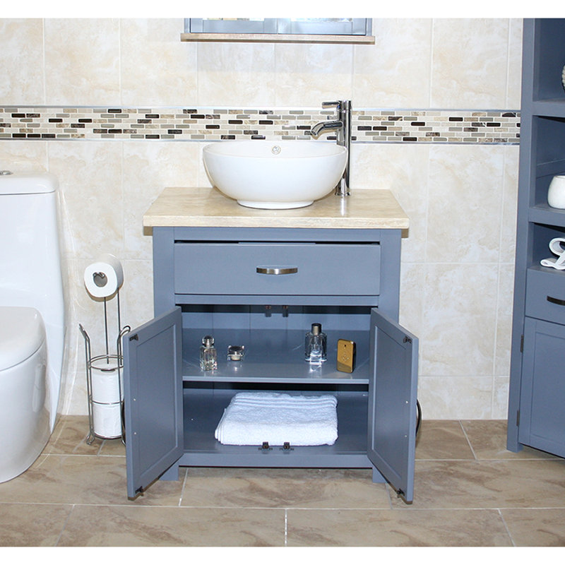 Roddy 750mm Single Bathroom Vanity with Vessel Ceramic Basin, Grey, Travertine