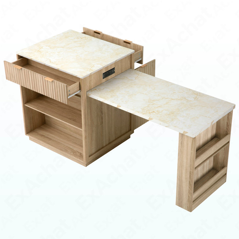 Îlot de cuisine cannelé 82,6 po avec table de salle à manger extensible pour 4 à 6 personnes, table d'îlot de cuisine avec prise de courant, table de cuisine avec rangement double, 2 tiroirs et 2 tablettes ouvertes latérales, naturel