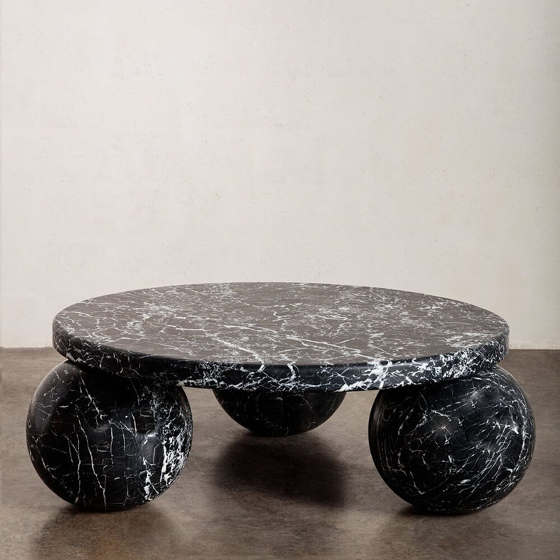 Table basse ronde à 3 sphères en marbre véritable - marbre noir Nero