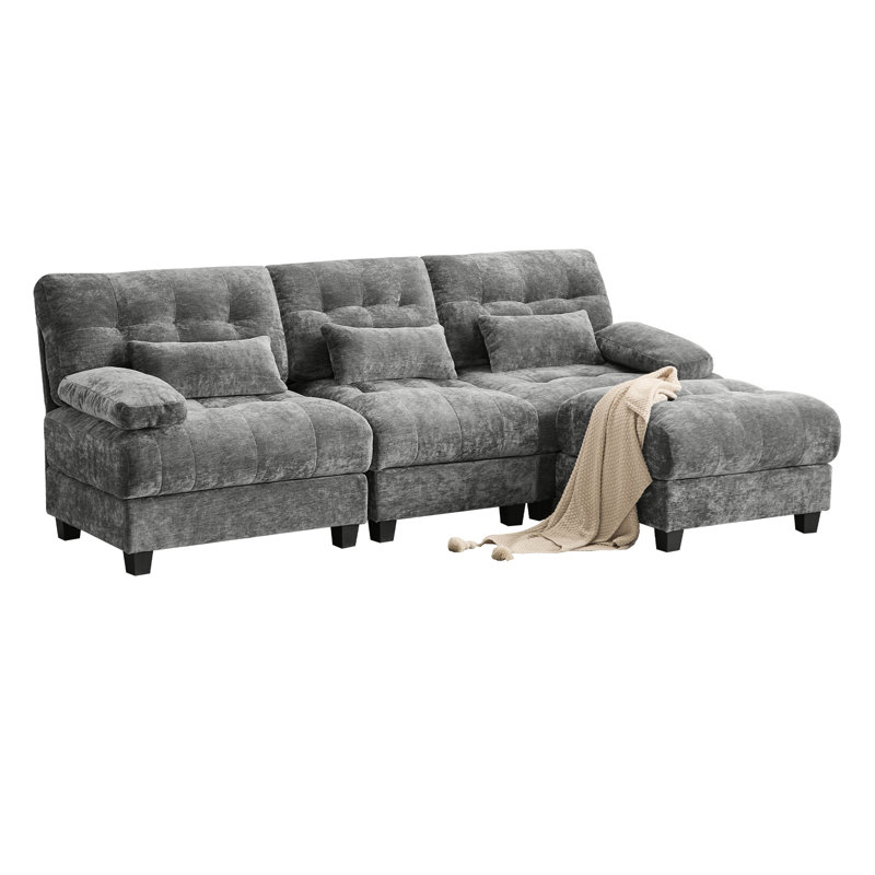 With 93-Inch 3+1 And , 4 - Position Adjustable , 350Lb Weight Limit For Every Seat, Gray Chenille, 3 Stylish Throw Pillows, 84.34-Inch Depth , Angles Personal Comfort Preferences, Support Each Soft