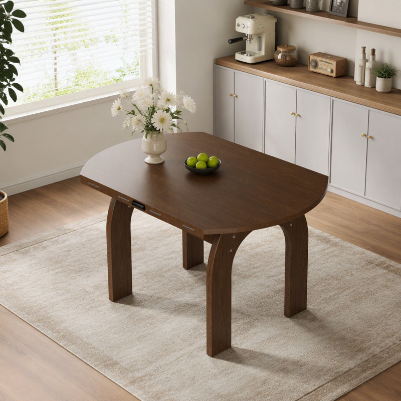 Table de salle à manger extensible en bois massif de 130 cm (51,2 po), transformable d'ovale en ronde, finition noyer, pieds robustes en forme d'arche et abattant, table de cuisine de style campagnard idéale pour les petits espaces, montage facile