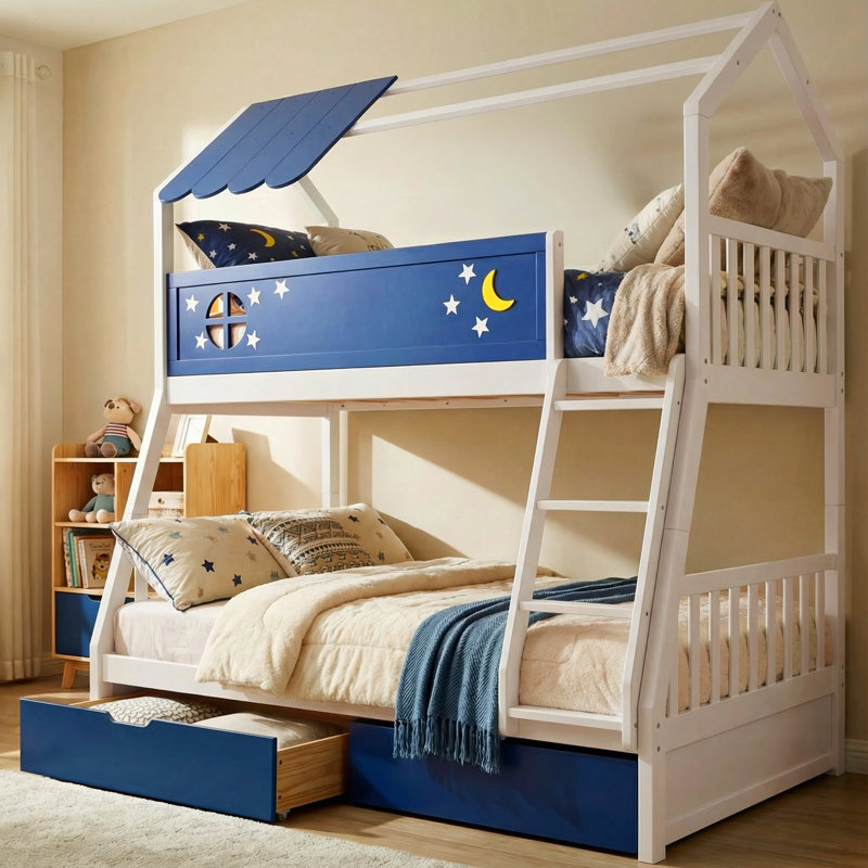  Twin Over Full Bunk Bed Solid Wood House for Kids With Drawers And Guardrail, Bunk Beds for Kids With Stairs, Easy Assembly, Non Toxic, No Box Spring Needed