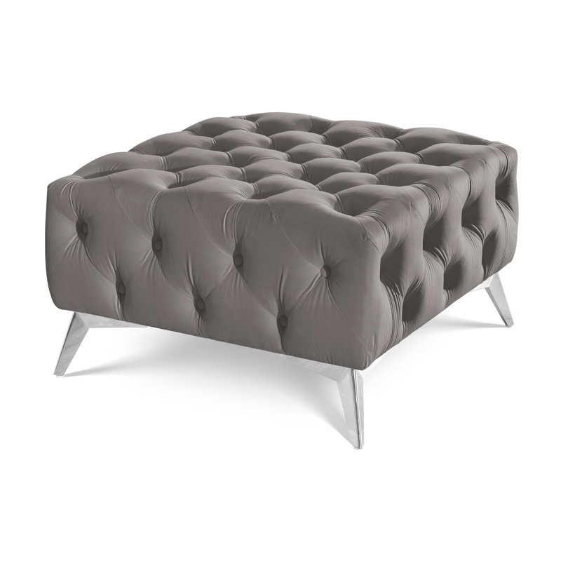 Whitby 80cm Wide Velvet Tufted Square No Pattern Footstool Ottoman, Chrome, Grey