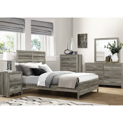 Grand lit rustique gris vieilli avec tête de lit et rails en bois d'ingénierie comprenant des objets