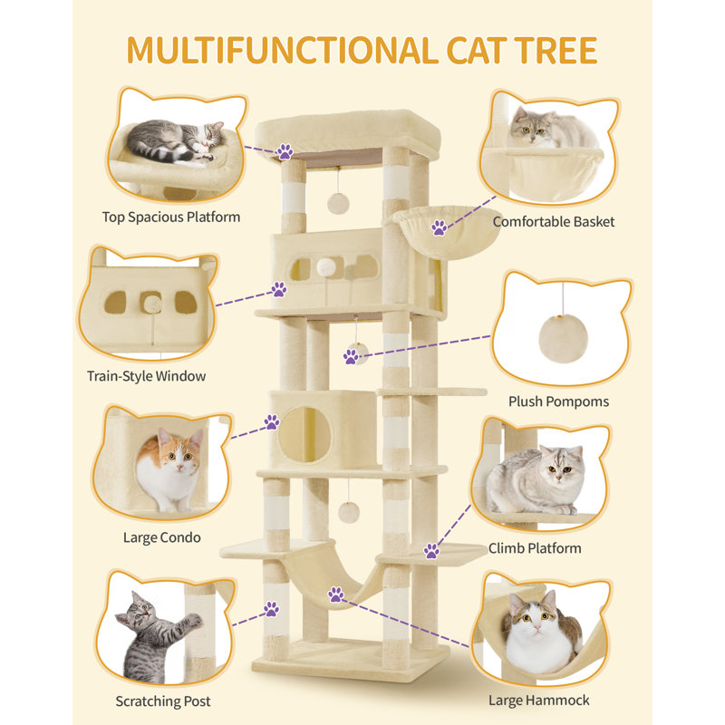 Cat Tree for Indoor Cats, Large Tall Cat Tower, Multi-Level Cats House with Condo, 8 Scratching Posts, Hammock, 4 Pom Poms