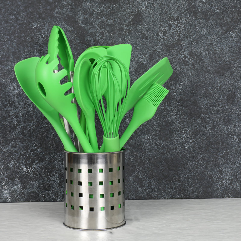Green 9-Piece Silicone Kitchen Utensil Set with Stainless Steel Core