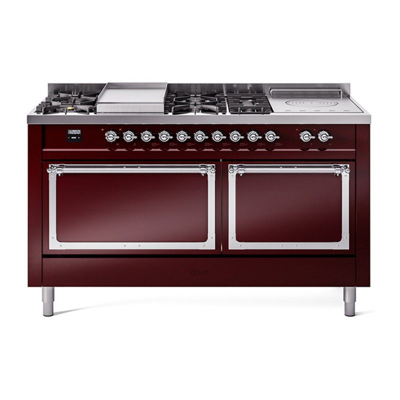 Cuisinière à double combustible ILVE Nostalgie II Series 60 po avec 7 brûleurs scellés, plaque de cuisson et table française (propane liquide, porte pleine)