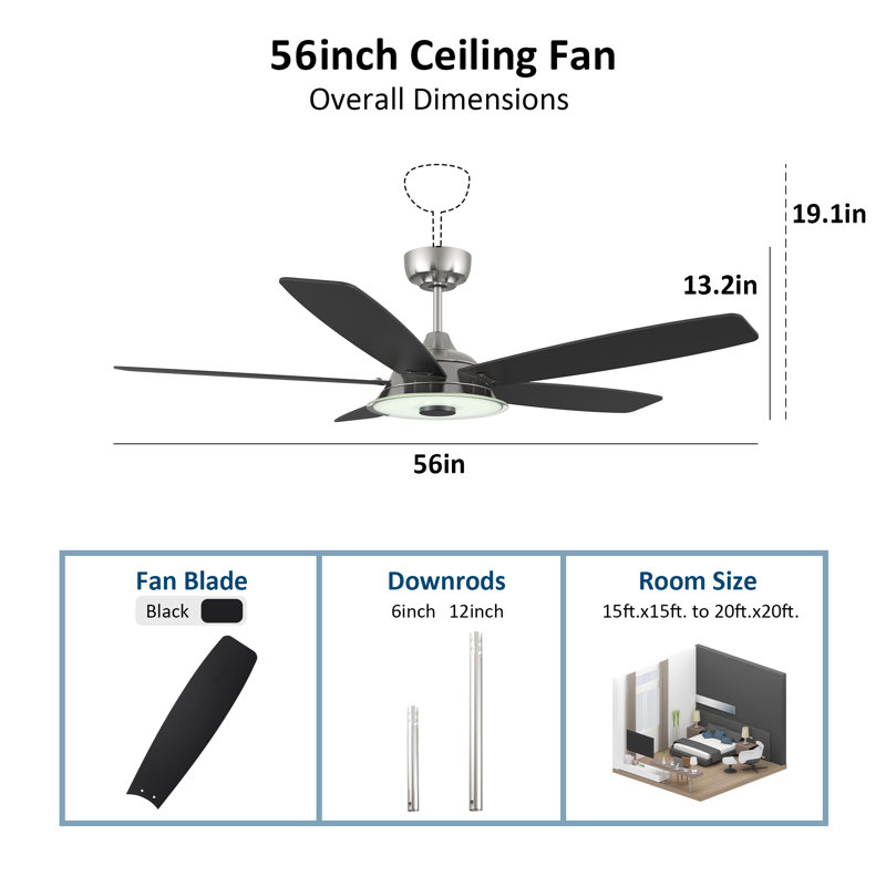 Gatha Ceiling Fan with LED Lights, Silver, 56", Black