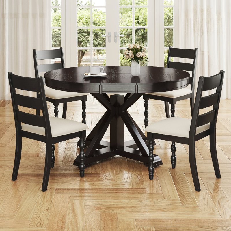 5-Piece 42'' To 54'' Round And Oval Extendable Mid-Century Rustic   Dining Set With Upholstered Ladder Back Chairs, Farmhouse Kitchen Table Set, Fit For 4 People